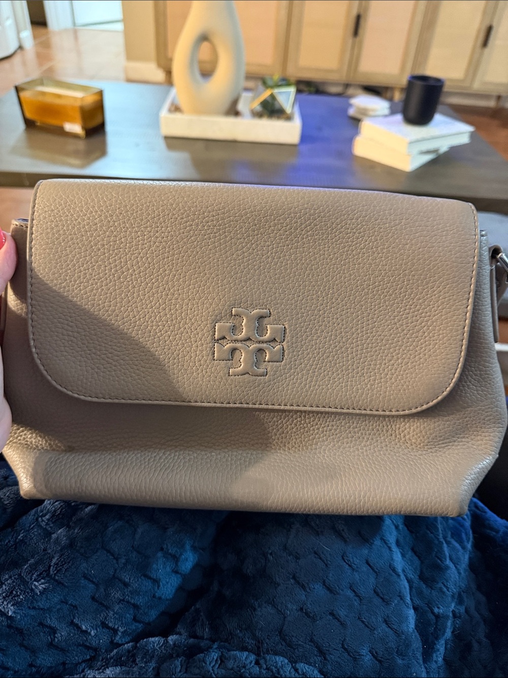 Tory Burch Taupe Pebbled Leather Flap Crossbody